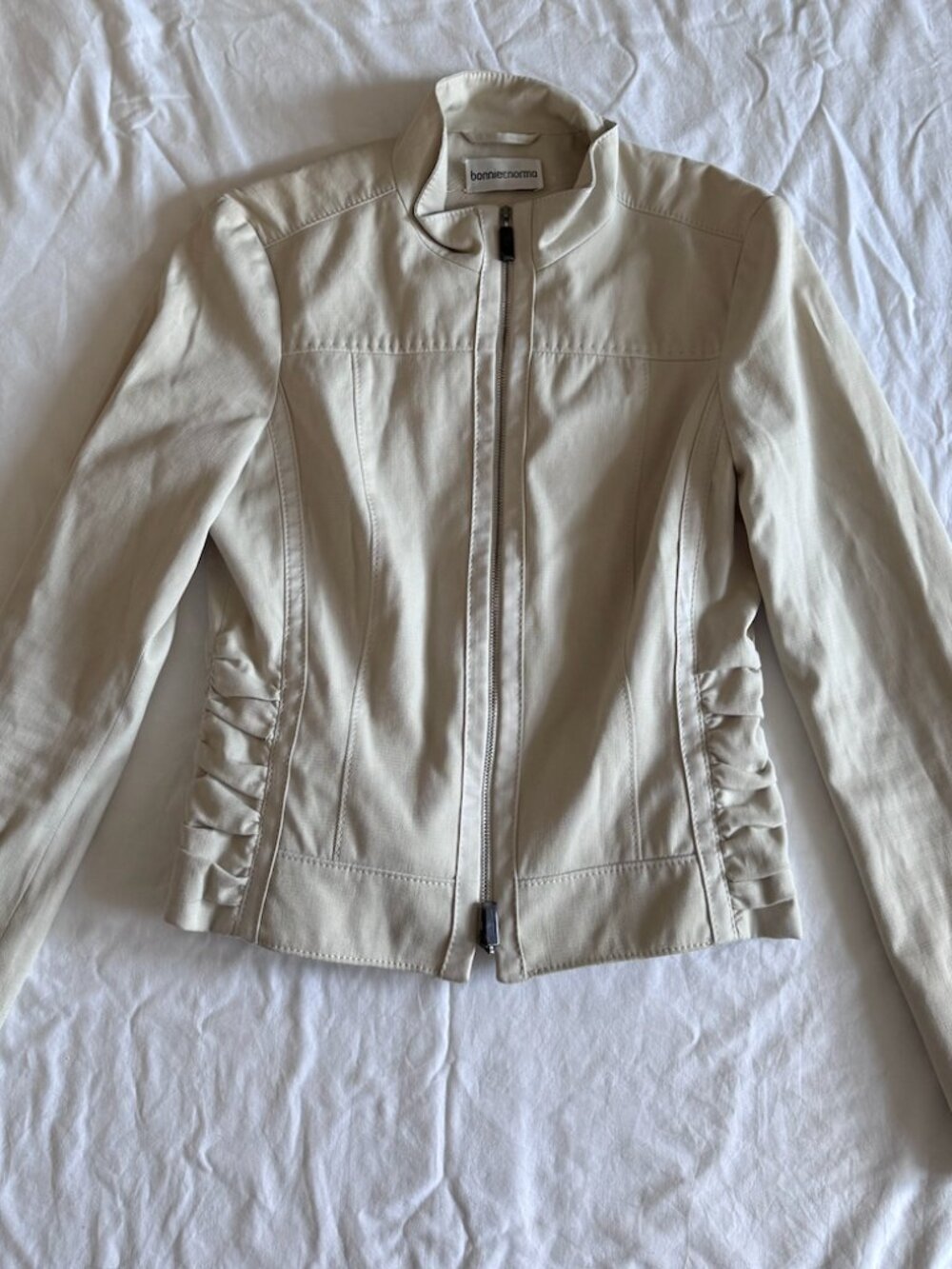 Vintage Y2K Ruffle Detail Zip Up Moto Jacket Cream - Medium